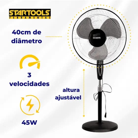 Ventilador De Coluna Pedestal 3 Velocidades Altura Ajustável 110V 45W 1 Unidade
