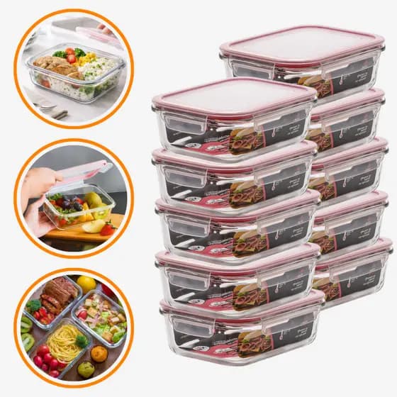 Kit 6 Potes De Vidro Hermético 1040ml Marmita Retangular Tampa Com Travas Forno Microondas