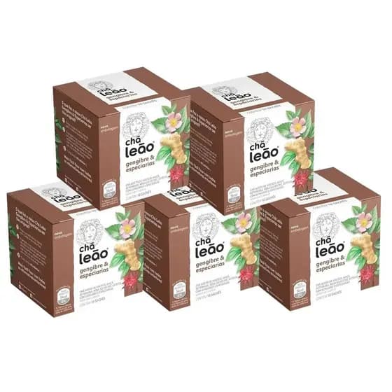 Kit 5 Chás Leão Gengibre e Especiarias com 10 Sachês Linha Frutas e Flores Leão