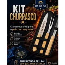Kit Churrasco 3 Peças em Inox com Cabo de Madeira + Estojo | Faca, Garfo e Pegador Personalizado