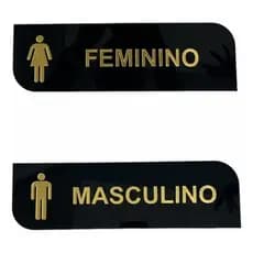 Kit Wc Acrílico Preto C/ Dourado 2 Placas Masculino Feminino
