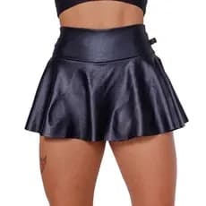 Short Saia Babado Em Cirre Couro Brilho Molhado Tapa Bumbum Fitness Wolfox Em Suplex Poliéster