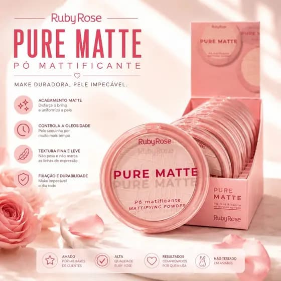 Pó Compacto Translúcido Pure Matte Ruby Rose Acabamento Matificante Retira Oleosidade