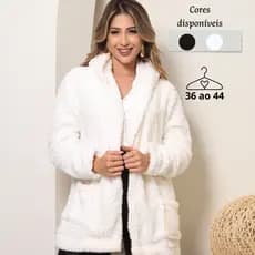 Casaco de Teddy com Capuz Forrado e Bolsos Laterais Blusa de Pelinho com Capuz Moda Inverno 2025