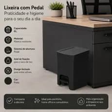 Lixeira preta 6L Pedal Fechada Sistema Anel Vedação banheiro sala cozinha escritório resistente