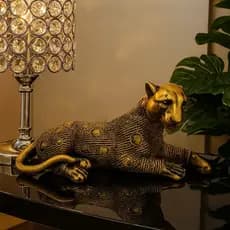 Escultura Decorativa Onça Luxo Ouro Velho para Sala Escritório Enfeite Presente