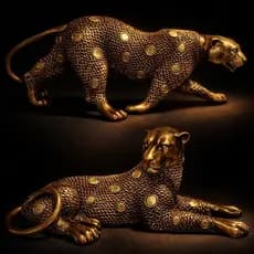KIT Escultura Pantera Dourada Envelhecida Casal Leopardo Grande Decoração Brasileira