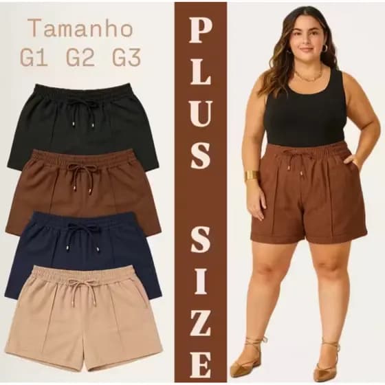 Kit 2 short feminino PLUS SIZE confortável social cintura elástca alta casual soltinho linhão curvy