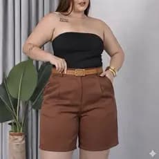 Shorts meia coxa bermuda Feminino Plus Size com CINTO CARAMELO Estilo Social Elegante Com Elástico nas Costas