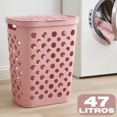 Cesto Telado 47 Litros com Tampa e Alça Cesto de Roupa Suja Banheiro Lavanderia