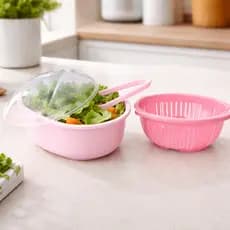 Kit Saladeira e Escorredor Rosa e Branca 3 Litros com Tampa e Pegador Vasilha para Salada Livre BPA