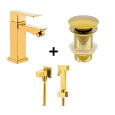KIT TORNEIRA DOURADA BANHEIRO MODERNA METAL INOX LAVABO CUBA 1/2 CROMADA  + DUCHA HIGIÊNICA INOX + VÁLVULA CLICK.