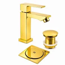 KIT BANHEIRO LUXO DOURADO/PRATA/PRETO–TORNEIRA + VÁLVULA CLICK + RALO