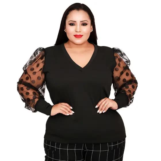 Blusa de Frio Feminina Plus Size Manga Longa Canelada c/Tule Linda e Envio Imediato