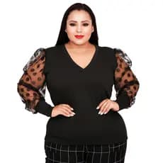 Blusa de Frio Feminina Plus Size Manga Longa Canelada c/Tule Linda e Envio Imediato