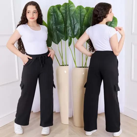 Calça Cargo Juvenil Feminina 10 a 16 Anos Wide Rosa Malha Crepe Confortável