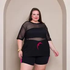 Blusa Tule Transparente Manga Curta Feminina Plus Size Fresquinha