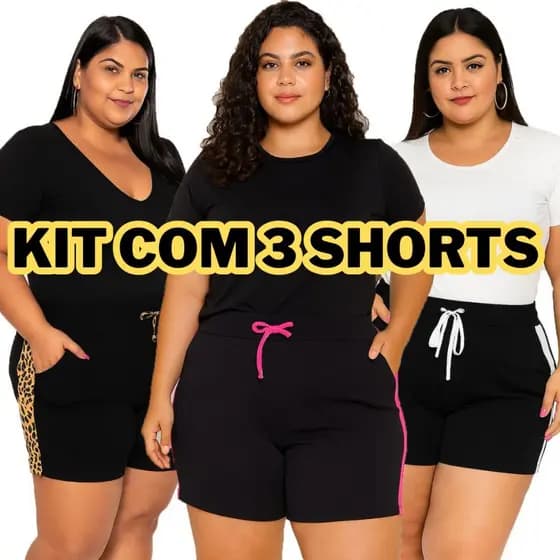 Kit 3 Shorts Femininos Curto Plus Size Cintura Alto Dia a Dia Envio Imediato