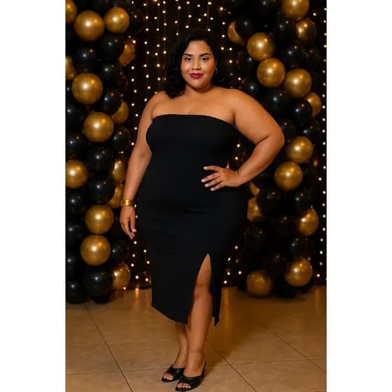 Vestido Plus Size Longo Festa Midi Curvy Preto Fenda
