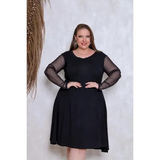Vestido Social Plus Size Preto com Tule Festa Casual