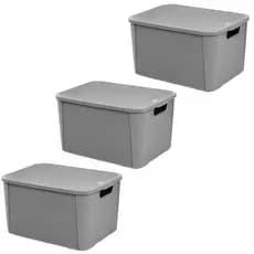 Jogo 3 Organizadores Grandes Rattan 42 Litros Cinza com Alças Laterais Caixa com Tampa P2076