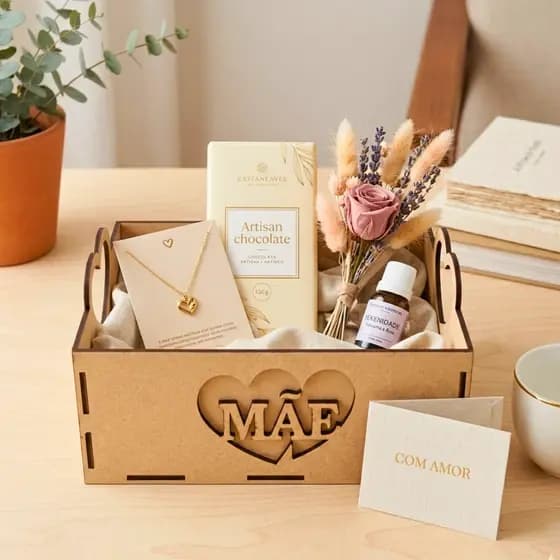 Kit 4 Caixas em MDF Alta com Alça Coração Para Cesta Presente Dia das Mães Kit Personalizado M43