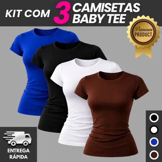 KIT 3 Baby Tee Feminina Blusa de Compressão Justa ao Corpo Camisa Feminina Academia Blusinha Fit Baby Look Compressão