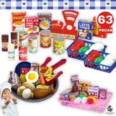 Brinquedo de Comidinha Super Feirinha + Mini Mercado + Frigideira 63 Pçs - Comidinha Faz de Conta