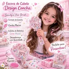 Escova de Cabelo Infantil Design Concha com Cerdas Macias e Enfeites Coloridos Sereia