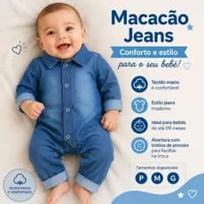 Macacão Jeans Bebê Manga Longa Gola Polo Confortável Tamanhos P/M/G +1BB