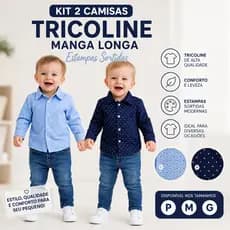 Kit 2 Camisas Social Manga Longa Tricoline Bebê +1BB