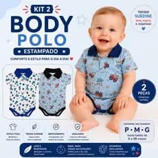 Kit 2 Body Polo Bebê Estampado Manga Curta Suedine 100% Algodão P M G +1bb
