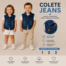 Colete Jeans Infantil Unissex | Roupa Infantil Jeans | Moda Kids Menino Menina +1BB