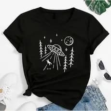 Camiseta Preta Estampa OVNI Abdução Coelho Unissex Estilo Tumblr Geek Moda Casual Camiseta Feminina