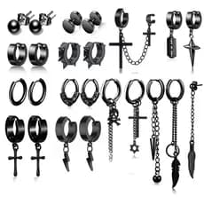 Brincos Góticos De Uma Peça De Moda Em Aço Inoxidável Pingente De Anel Cruzado De Dobradiça De Corrente Longa Piercing Black Cool Gothic Earring Set For Men Women