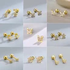 S925 Prata 2Pcs Anti-alérgico Helix Stud Brincos para Mulheres Zircão Coração Borboleta Orelha Tragus presente de natal