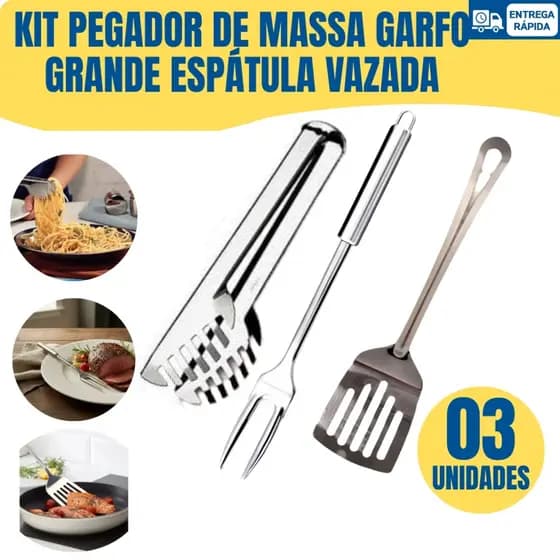 Kit Utensílios Pegador Garfo Grande Espátula Vazada Cozinha Completo