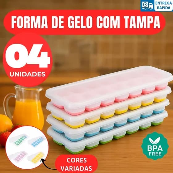 Kit 10 Formas de Gelo Silicone com Tampa Rígida Flexível Fundo 14 Cubos Retangular Multiuso Lavável