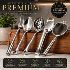 Kit Utensílios Cozinha Aço Inox 5 Peças Premium Pegador Colher Escumadeira Peneira Garfo Trinchante
