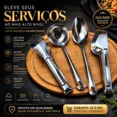 Kit Servir Aço Inox 4 Peças Pegador de Salada Concha Colher de Arroz e Pegador Universal