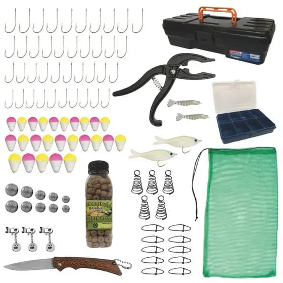 Kit de Pesca Maleta com Acessórios Iscas Canivete Alicate Pega Peixe