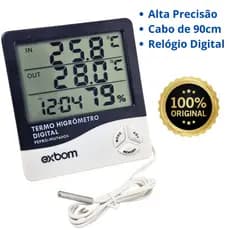 Medidor Temperatura e Umidade Termo Higrômetro Digital com Cabo Sensor Externo 90 cm  LCD Grande