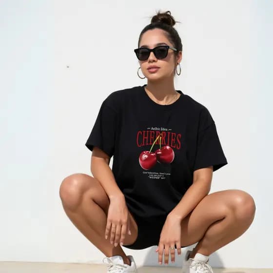 Camiseta Oversized Feminina Algodão Premium | Estampa Cereja  Cherry Tumblr Moda Streetwear 2025