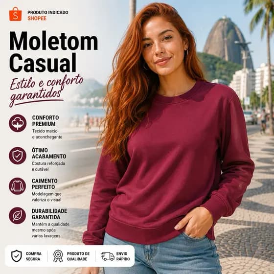 Moletom feminino casual lindo cor bordô confortável para o inverno