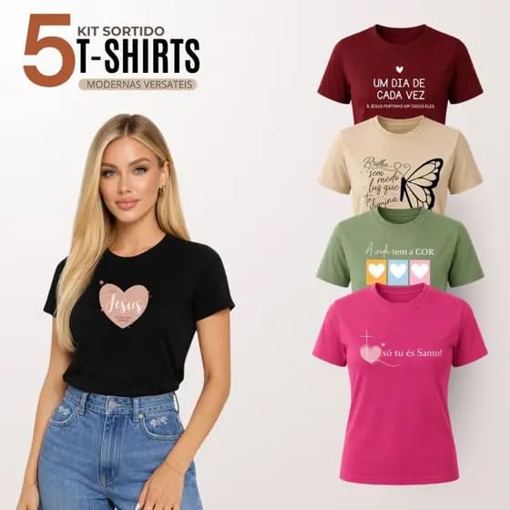 Kit 5 Blusa Feminina T-shirt 100% Algodão Malha Premium Manga Curta