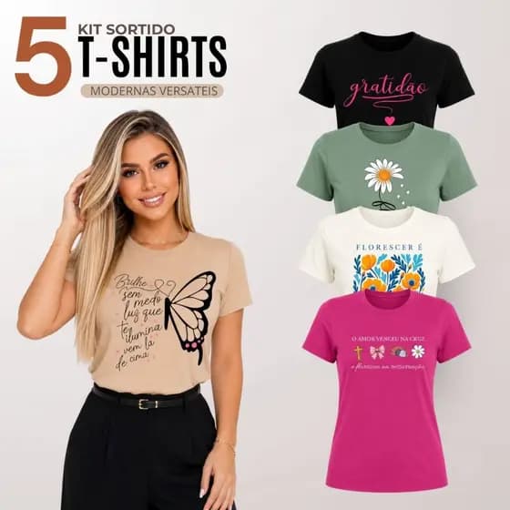 Kit 5 T-shirt Feminina Blusa Baby Look Camiseta