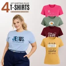 Kit 4 Blusa Feminina Plus Size Manga Curta 100% Algodão Básica Casual