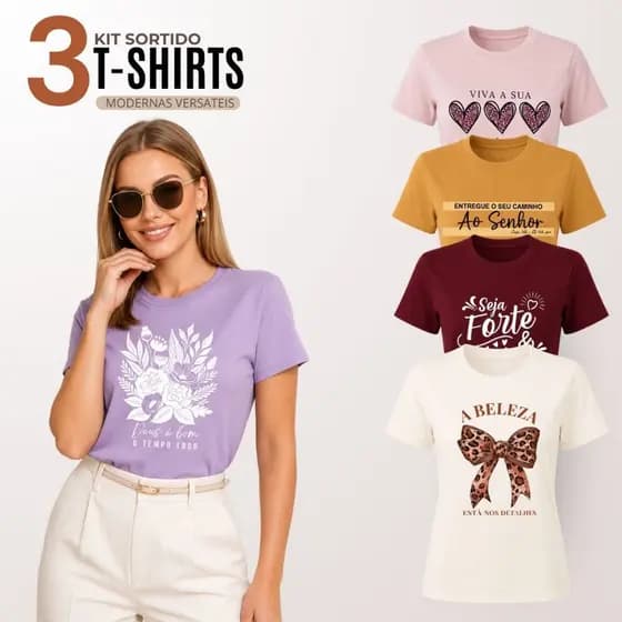 Kit 3 Blusas Feminina Baby Look Básica Casual 100% Algodão Malha Premium