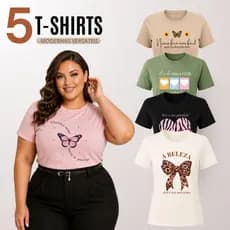 Kit 5 Blusas Feminina Plus Size Manga Curta Gola Redonda Básica Casual