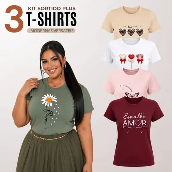Kit 3 Blusas Feminina Plus Size Manga Curta Gola Redonda Básica Casual